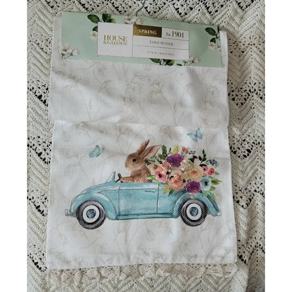 House & Garden Tan  Bunny In Flower Car Easter Table Runner 14 X 72